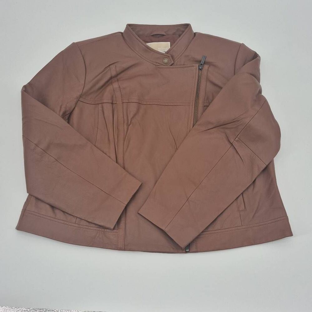 Michael Kors Women's Plus 2X Brown Leather Moto Jacket - Picture 7 of 8